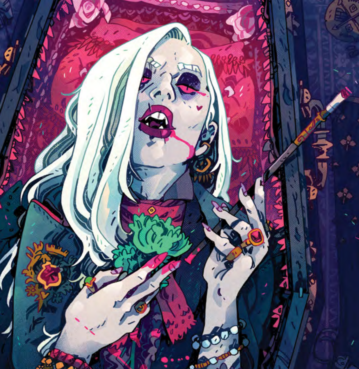 Character art of Iryna, a white-haired vampire in a jewelled jacket holding a cigarette holder, blood on her chin, reclining in a lined coffin.