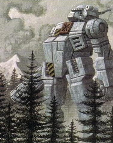 Painting of a grey Vindicator striding through a pine forest below snowy mountains.