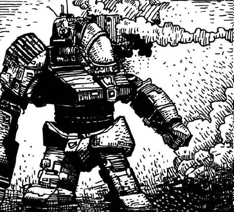 Black-and-white line art of a heavy BattleMech striding through smoke over a ruined skyline.