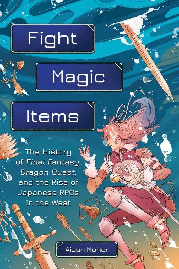 Cover of Fight, Magic, Items by Aidan Moher: an armoured anime hero drifting underwater among swords, keys, and bells.
