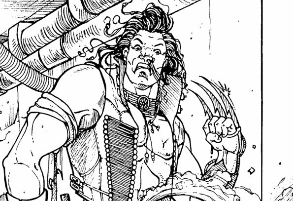 Black-and-white comic-style drawing of a snarling figure in a studded vest, cables and tubing running behind them.