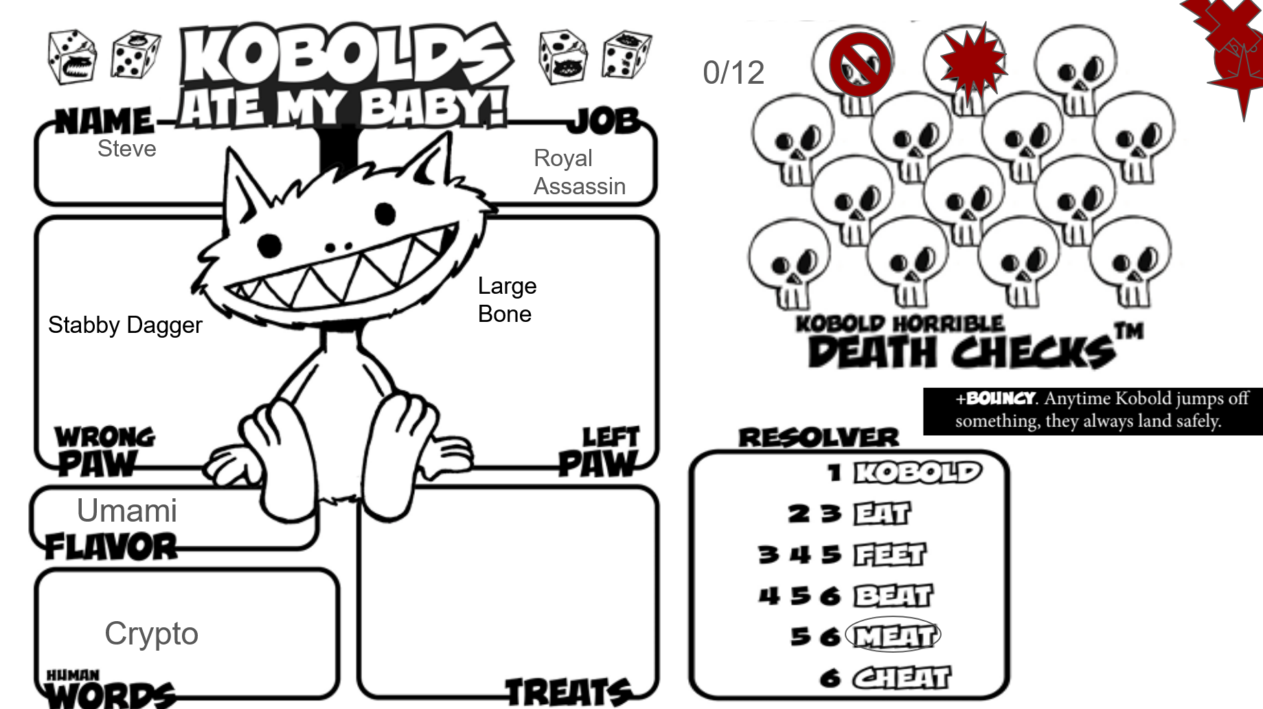 Kobolds Ate My Baby character sheet for Steve, a Royal Assassin kobold with a Stabby Dagger, Umami flavor, and the human word "Crypto", beside a grid of twelve skulls for death checks.