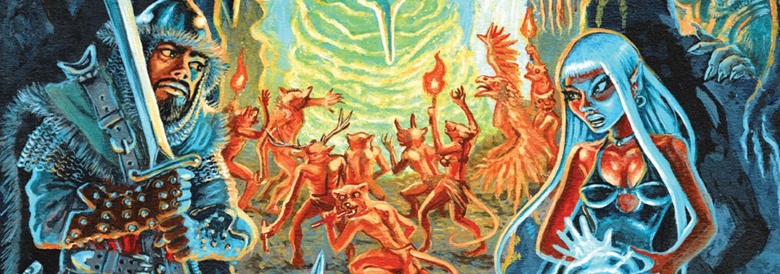 Painted DCC artwork: an armoured warrior with a sword on the left and a blue-skinned sorceress on the right, red beastmen dancing around a green flame between them.