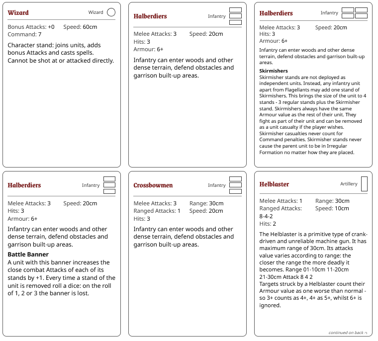 Six generated Warmuster unit cards laid out on a page — Wizard, three Halberdier variants, Crossbowmen, and Helblaster — each listing attacks, speed, hits, armour, and special rules.